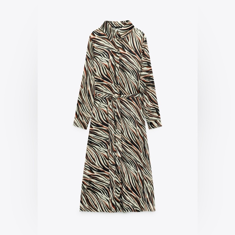 Zara Black and Brown Patterned Long Sleeve Dress